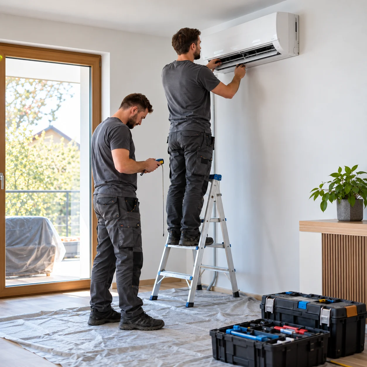 Zespół instalatorów podczas montażu jednostki klimatyzacji
